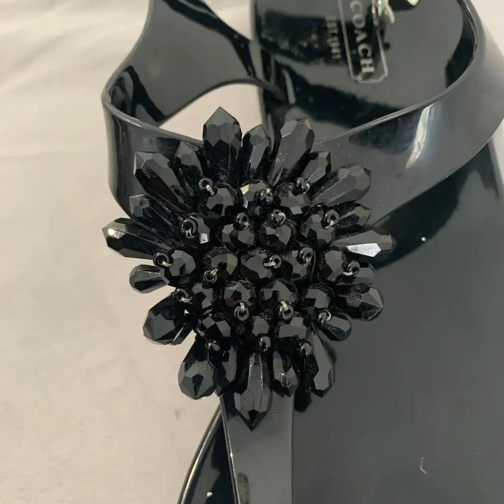 Coach Black Jelly Thong Sandals Crystal Flower Embellished Size 10B